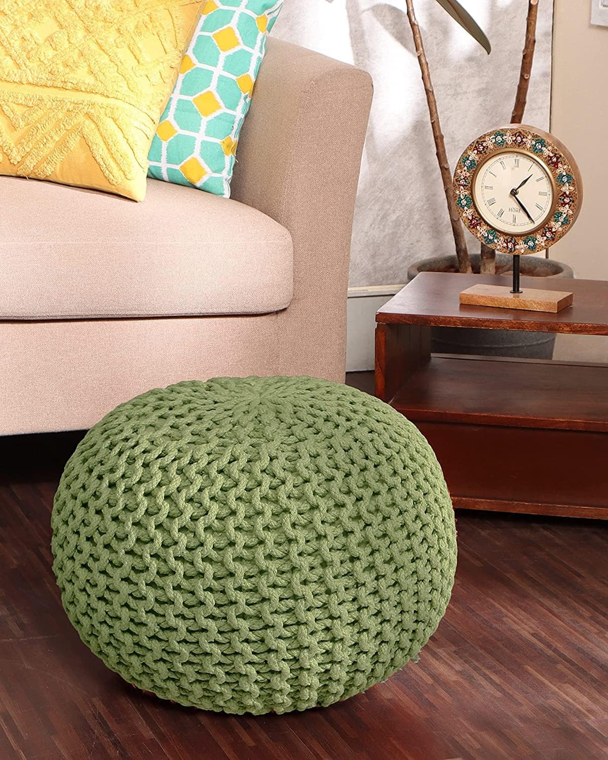 Round Knit Pouf - Hand Woven Cotton