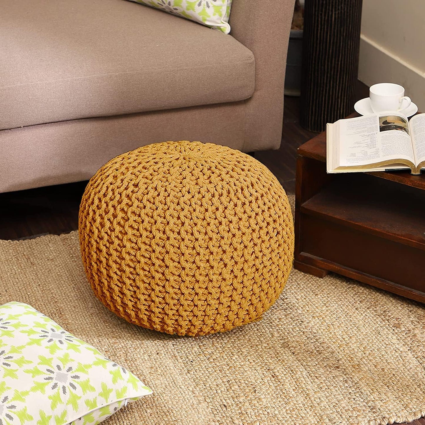 Round Knit Pouf - Hand Woven Cotton