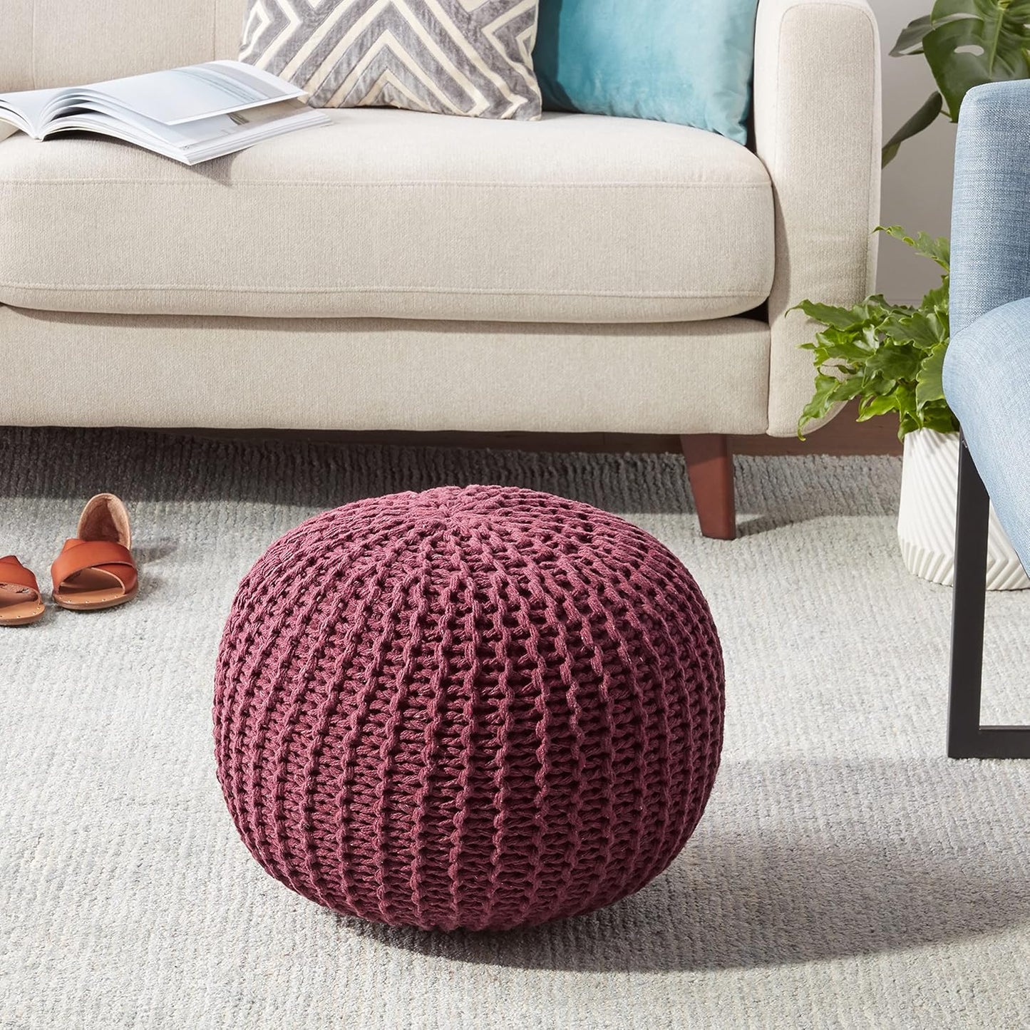 Round Knit Pouf - Hand Woven Cotton